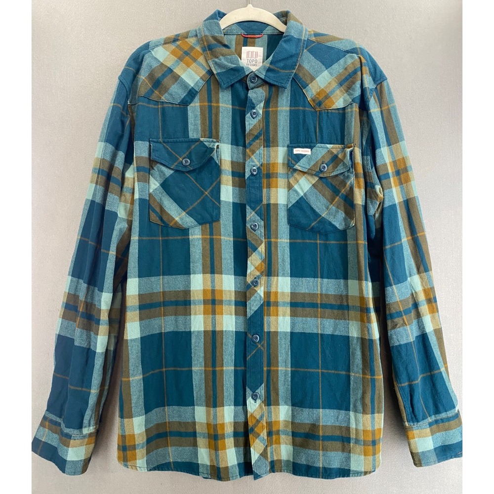 Topo Designs Mens XXL Mountain Flannel Shirt Teal Mustard Plaid Western Yoke